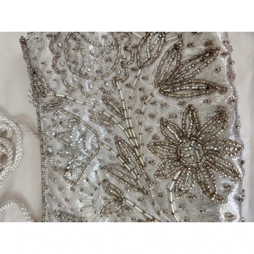 Vintage Valerie Stevens Silver Hand-Beaded Evening Bag‎ Braided Strap 8